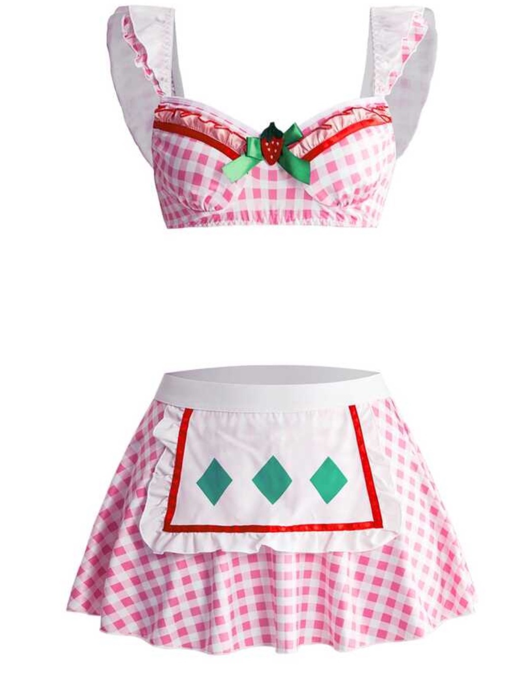 Pink Gingham Strawberry Maid Cosplay Costume 2-Piece Set Halloween